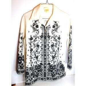Vintage 70s Rhoda Lee Black And White Floral Polyester Blouse Size 10 READ